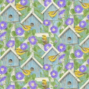 Henry Glass Hydrangea Birdsong Blue Hydrangea Scenic Fabric - 33 inches - last piece