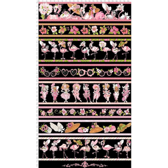 Loralie Flamingo Fancy 692 327 Black 24" Panel  Cotton Fabric 