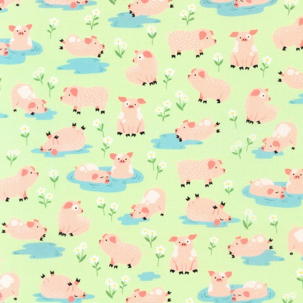 Robert Kaufman Cuddly Countryside Green Pigs Quilting Cotton Fabric - 30 inches - last piece