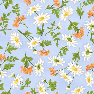May include: A seamless pattern featuring white daisies with yellow centers on a light blue background. Small clusters of orange berries are scattered throughout the design.