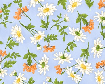 Maywood Studios Fresh As A Daisy Blue/Sunshine Daisies & Berries Fabric - 1 yard 2 inches - last piece