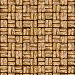May include: A seamless pattern of wine cork textures with various wine varietals printed on them, including Chardonnay, Merlot, Pinot Noir, Cabernet Sauvignon, Zinfandel, Pinot Grigio, Rose, and Claret.