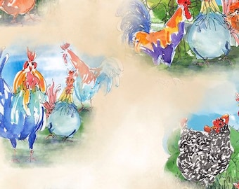 Quilting Treasures Colorful Roosters Ecru Rooster Vignettes fabric - 1 yard