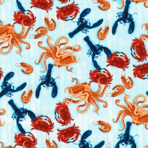 Robert Kaufman Aqua Coastal Catch Lobster, Shrimp, Crab & Octopus Fabric - 1 yard