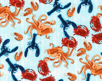 Robert Kaufman Aqua Coastal Catch Lobster, Shrimp, Crab & Octopus Fabric - 1 yard 34 inches - last piece