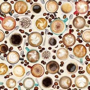 May include: A seamless pattern featuring a variety of coffee cups with different designs and latte art. The cups are arranged on a beige background with coffee beans scattered throughout.
