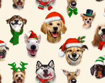 NEW Elizabeth's Studio Christmas Selfies Cream Christmas Dog Selfies fabric - 1 yard