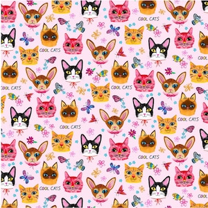 Michael Miller Puddy Cats Pink Crazy Cats Fabric - 1 yard