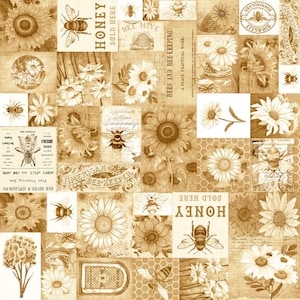 May include: A vintage-style collage featuring bees, honeycombs, sunflowers, and daisies in shades of brown and beige. The text "Honey Sold Here" appears multiple times.