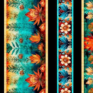 May include: A fabric pattern featuring vertical stripes of varying widths. One section displays a teal background with orange lotus-like flowers and fern-like foliage. Another section shows a repeating floral motif with blue and white petals.