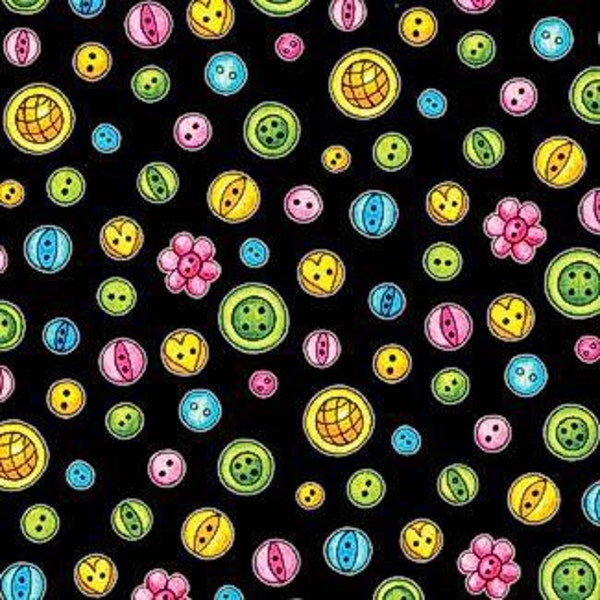 Henry Glass Cute As A Button Buttons Black Fabric - 1 yard