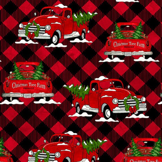 Blank Quilting Giddy Up Santa Red Truck On Plaid fabric last piece 32 inches