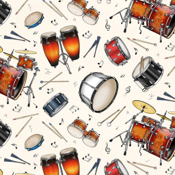 Jazz Wind Instruments Cream Elizabeth/'s Studio 100/% cotton fabric by the yard