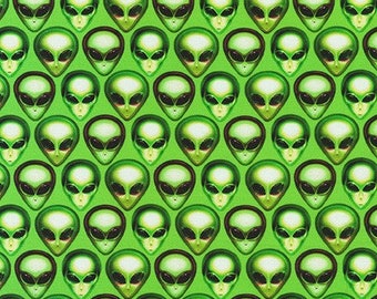 Robert Kaufman Area 51 Digital Acid Lime Alien Heads Fabric - 1 yard