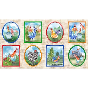 May include: A colorful fabric panel with eight circular designs featuring roosters and hens. The roosters are depicted in various colors, including blue, red, orange, and yellow. The hens are black and white. The fabric panel is perfect for quilting, crafting, and home decor projects.