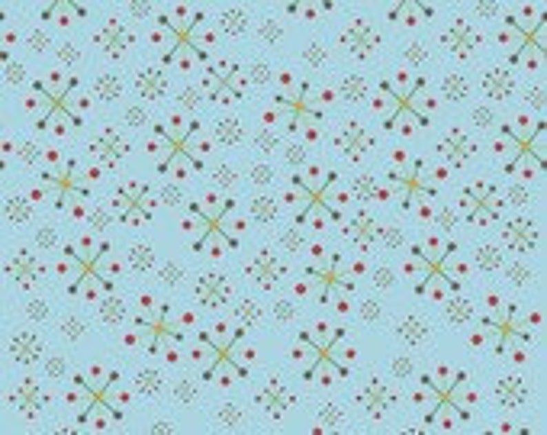 May include: A seamless pattern with a retro design featuring a repeating motif of a stylized starburst with four arms and a circle in the center. The starburst is in shades of green and yellow, and the circle is red. The background is light blue.