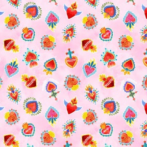 May include: A seamless pattern featuring a variety of colorful, stylized hearts with intricate details. The hearts are adorned with flowers, flames, wings, and crosses, all set against a soft pink background.