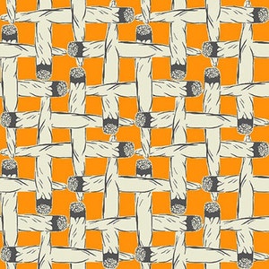 May include: An orange background with a repeating pattern of stylized, cream-colored rolled cigarettes with dark gray tips. The design creates a woven or lattice-like effect, with the cigarettes overlapping each other.