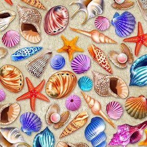 May include: A collection of colorful seashells on a sandy background. The shells are in various shapes and sizes, including scallop, conch, and clam shells. Some shells have a pearl-like sheen.