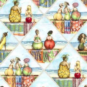 May include: A repeating pattern of women with fruit-shaped bodies on a beach. The women are wearing bathing suits and are sitting on towels. The background is a blue sky and ocean.