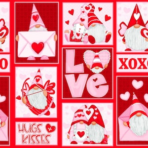 Henry Glass Gnomie Love Red/Pink Gnome Patchwork Fabric - 1 yard