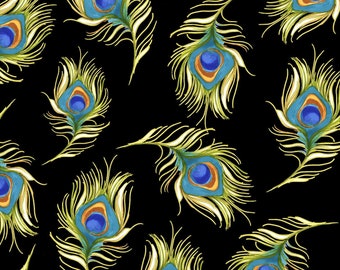 NEW!! Loralie Designs Sitting Pretty Peacock Black fabric - 1 yard