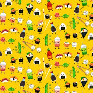 Freckle & Lollie Snacks Yellow Sushi And Friends Fabric - 1 yard