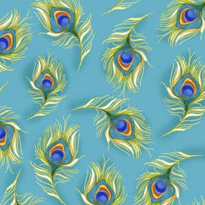 May include: A repeating pattern of peacock feathers on a teal background. Each feather features a blue eye with gold and brown accents, surrounded by yellow and green details. The feathers are arranged in a scattered, artistic layout.