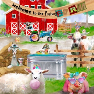 3 WIshes Welcome To The Funny Farm Multi Barn Scene Panel fabric - 1 panel
