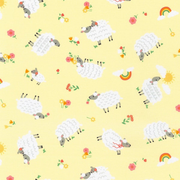 Robert Kaufman Cuddly Countryside Yellow Sheep Quilting Cotton Fabric - 1 yard