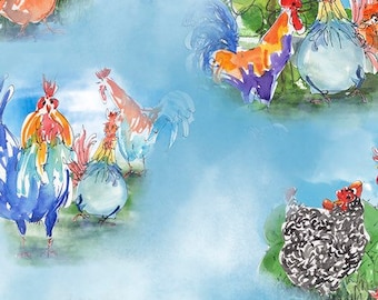 Quilting Treasures Colorful Roosters Blue Rooster Vignettes fabric - 1 yard