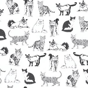 Timeless Treasures Cats White Sketch Cats fabric - 1 3/4 yard - last piece