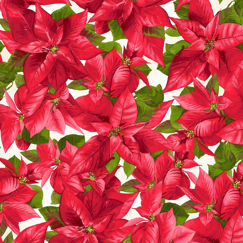Maywood Studios Poinsettia /& Pine Packed Poinsettia White Fabric 1 yard