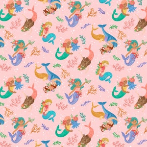 Timeless Treasures Sea Friends Pink Mermaid Friends fabric - 1 yard