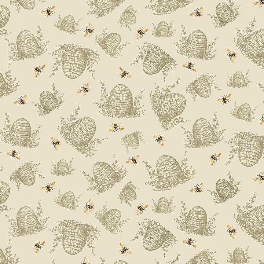 Timeless Treasures Honey Bee Farm Beige Tossed Bee Hives Fabric - 1 yard