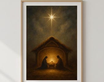 Arte del pesebre navideño, decoración de pared del pesebre navideño, arte de pared de la natividad, pintura del pesebre del Niño Jesús imprimible cristiano