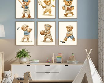 Teddy Bear Prints Set of 6 Vintage Sports Wall Art Babyshower Gift Boy Watercolor Illustrations Nursery Theme Decor for Kids Room