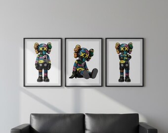 Set de 3 pósteres imprimibles de graffiti estilo Hypebeast de KAWS. Incluye pósteres de graffiti, juguetes Hypebeast, zapatillas Hypebeast y láminas para zapatillas. DESCARGA DIGITAL.