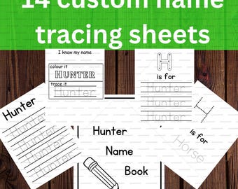 Hoja de trabajo de trazado de nombres personalizada: Práctica de escritura a mano para preescolar (Descarga en PDF, 15 páginas + páginas para colorear)