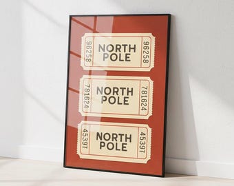 Impresión de boleto del Polo Norte, arte de pared navideño rojo, póster navideño retro, vacaciones vintage, descarga digital imprimible
