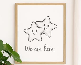 Lámina decorativa de estrellas dibujadas a mano / Ilustración de estrellas sonrientes / Lámina minimalista celestial para habitación infantil / Póster imprimible de descarga instantánea