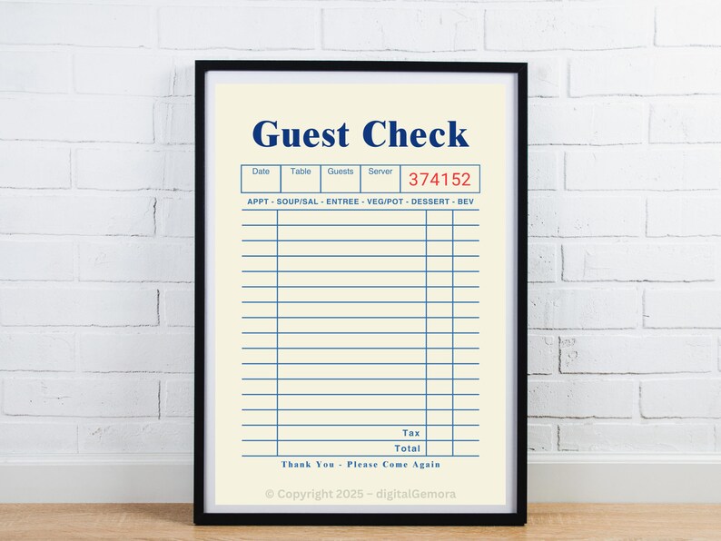 Blank Guest Check Printable Poster With Color Options Choose Giant ...