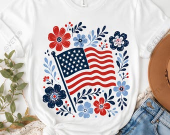 Bandera floral de EE. UU. en formato PNG, diseño patriótico de flores silvestres para camisetas, arte popular en rojo, blanco y azul (sublimación), descarga digital instantánea.