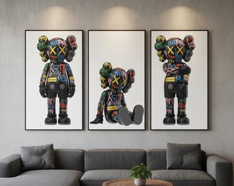 Set de 3 pósteres imprimibles de graffiti Kaws, figuras Hypebeast, zapatillas y arte mural de estilo urbano (descarga digital)