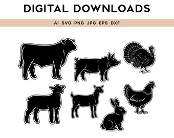 Show Animal SVG Bundle, Livestock Silhouettes, Cow Pig Goat Lamb Rabbit Chicken Turkey, Cricut Cut File