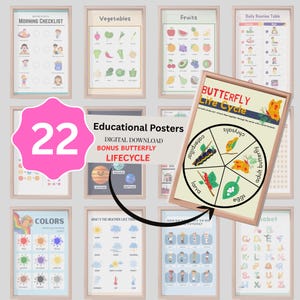 Juego de 22 carteles educativos: Colores relajantes, ABC y más (Descarga digital)