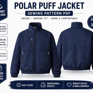 Polar Puff Jacket Sewing Pattern pdf | Unisex Puffer Coat | XXS–3XL | A4, A0 & US Letter | DIY Winter Jacket