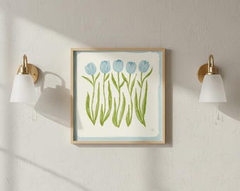 Lámina botánica floral de tulipanes azules y verdes, estilo Grandmillennial. Decoración de pared moderna del sur de Estados Unidos. Descarga digital.