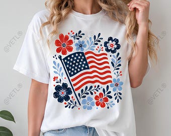 Bandera floral de EE. UU. en formato PNG, diseño patriótico de flores silvestres para camisetas, arte popular en rojo, blanco y azul (sublimación), descarga digital instantánea.