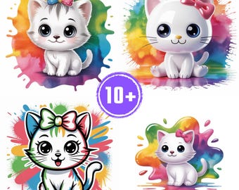 Paquete de 10 imágenes prediseñadas de gatitos lindos, pósteres, arte de pared, estética rosa, diseño de ropa urbana, dibujos animados, gráficos de sublimación, descarga digital